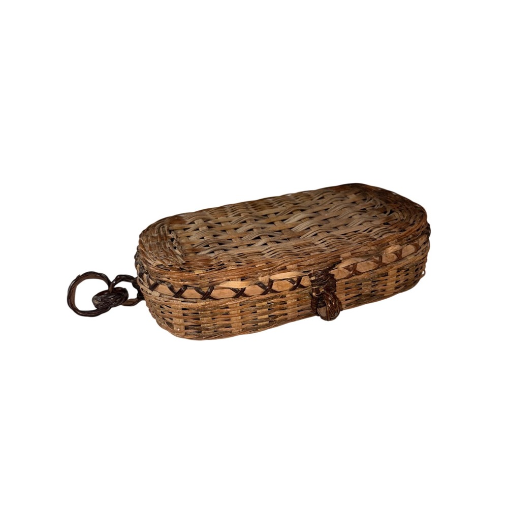 Vintage Woven Wicker Pill Box Small Trinket Basket Oval Brown Boho Keepsake Case